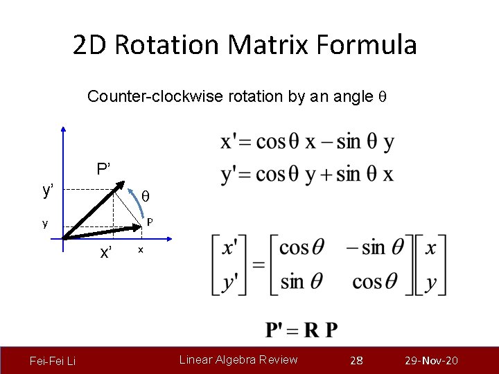 2 D Rotation Matrix Formula Counter-clockwise rotation by an angle P’ y’ P y