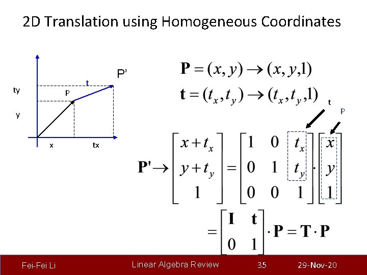 2 D Translation using Homogeneous Coordinates ty P P’ t t y x Fei-Fei