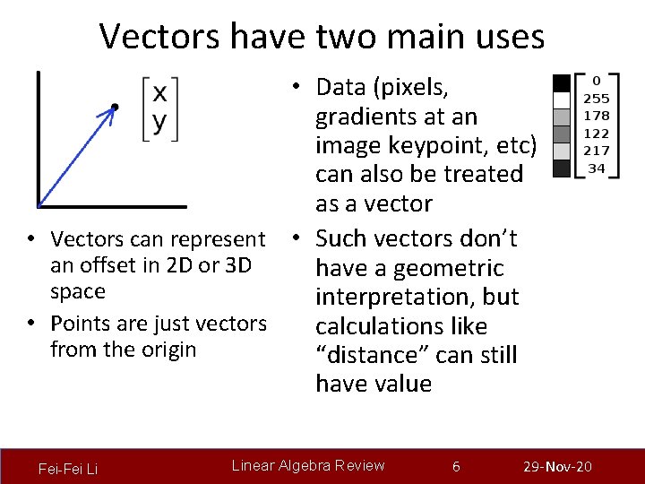 Vectors have two main uses • Data (pixels, gradients at an image keypoint, etc)