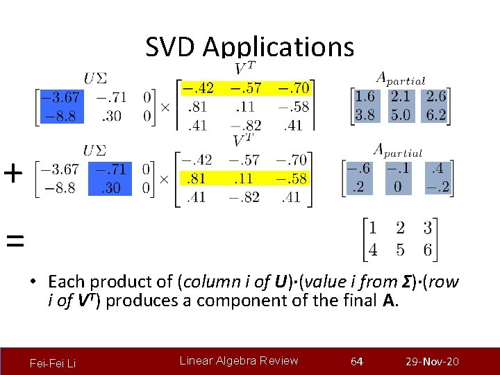SVD Applications + = • Each product of (column i of U)∙(value i from