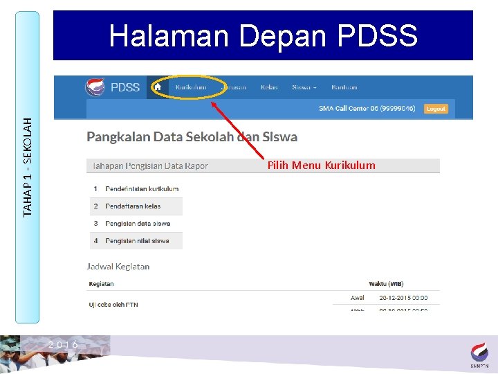 TAHAP 1 - SEKOLAH Halaman Depan PDSS Pilih Menu Kurikulum 