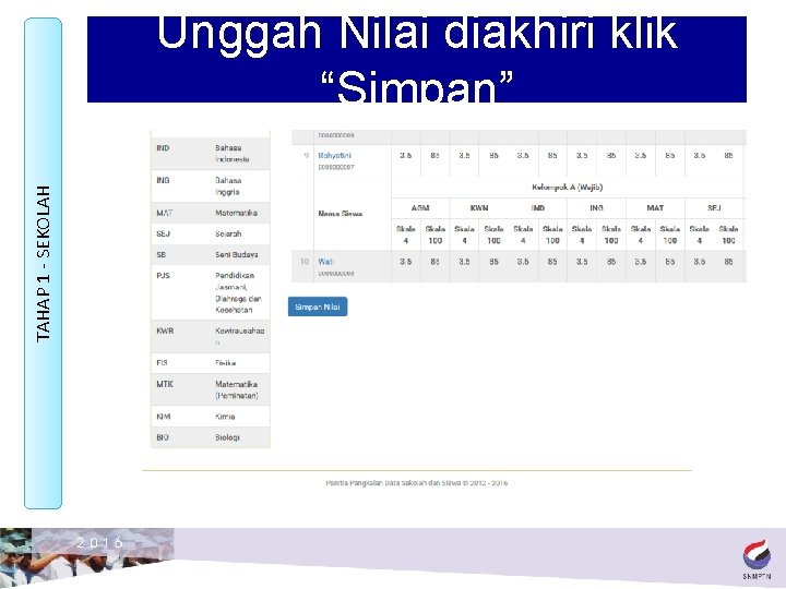 TAHAP 1 - SEKOLAH Unggah Nilai diakhiri klik “Simpan” 