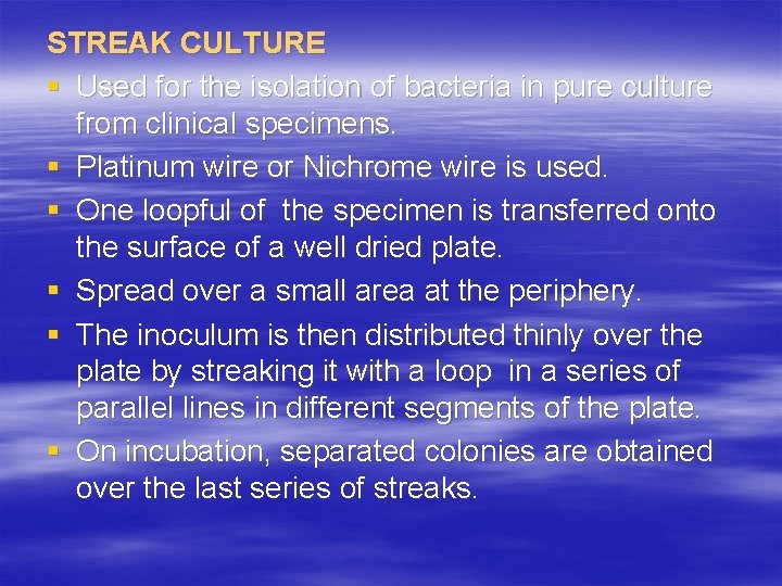 STREAK CULTURE § Used for the isolation of bacteria in pure culture from clinical