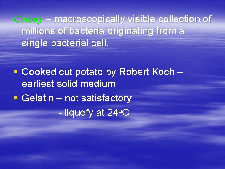 Colony – macroscopically visible collection of millions of bacteria originating from a single bacterial