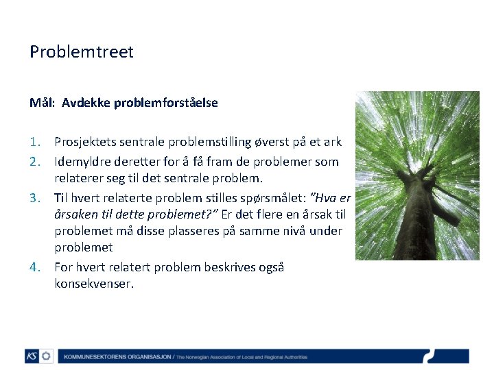 Problemtreet Mål: Avdekke problemforståelse 1. Prosjektets sentrale problemstilling øverst på et ark 2. Idemyldre