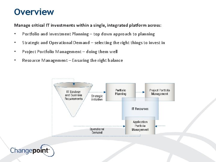 Overview Manage critical IT investments within a single, integrated platform across: • Portfolio and