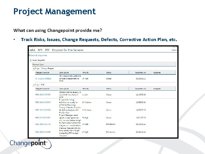 Project Management What can using Changepoint provide me? • Track Risks, Issues, Change Requests,