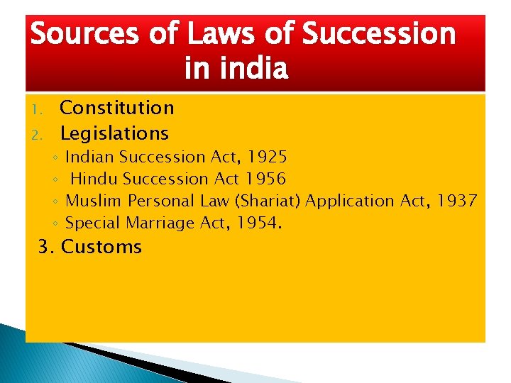 Sources of Laws of Succession in india 1. 2. ◦ ◦ Constitution Legislations Indian