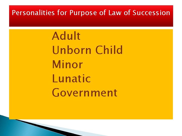 Personalities for Purpose of Law of Succession Adult Unborn Child Minor Lunatic Government 