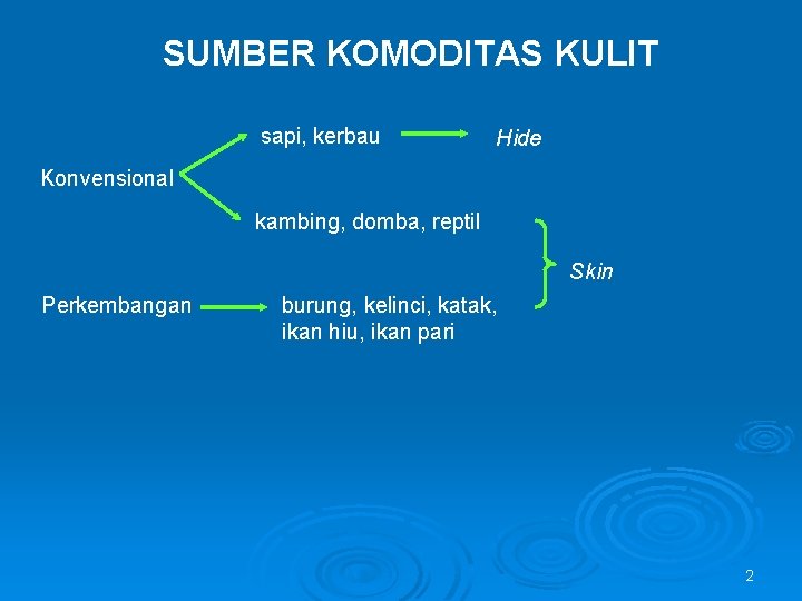 SUMBER KOMODITAS KULIT sapi, kerbau Hide Konvensional kambing, domba, reptil Skin Perkembangan burung, kelinci,