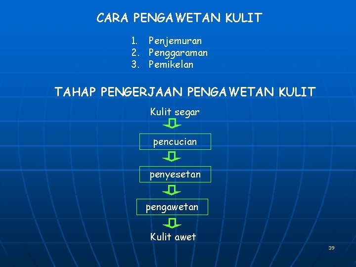 CARA PENGAWETAN KULIT 1. Penjemuran 2. Penggaraman 3. Pemikelan TAHAP PENGERJAAN PENGAWETAN KULIT Kulit