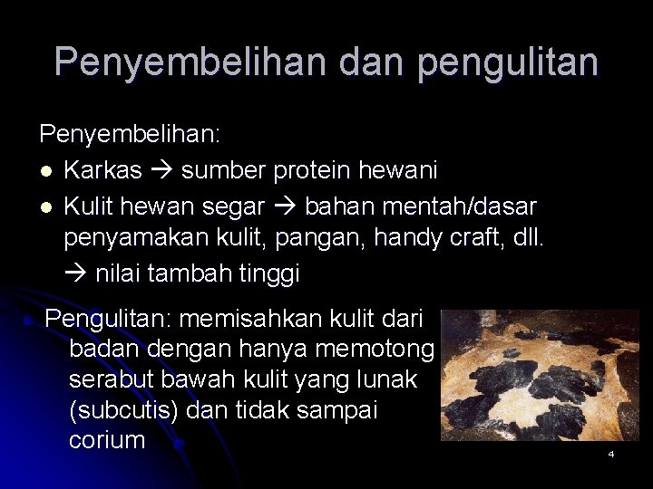 Penyembelihan dan pengulitan Penyembelihan: l Karkas sumber protein hewani l Kulit hewan segar bahan