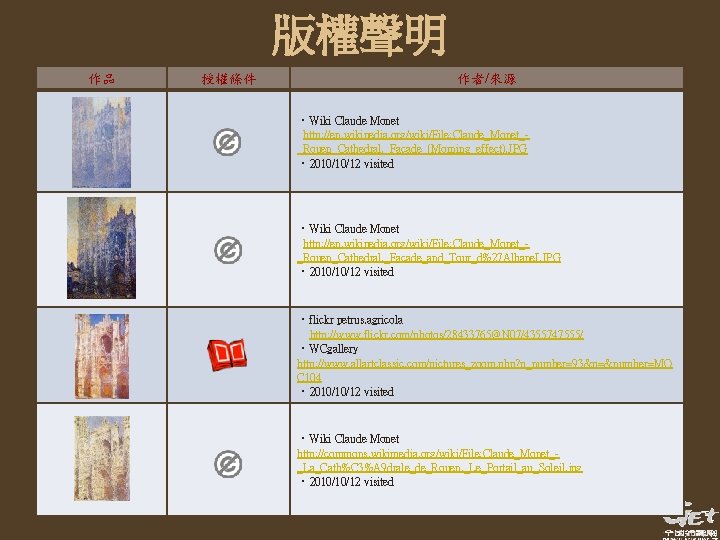 版權聲明 作品 授權條件 作者/來源 ‧Wiki Claude Monet http: //en. wikipedia. org/wiki/File: Claude_Monet__Rouen_Cathedral, _Facade_(Morning_effect). JPG