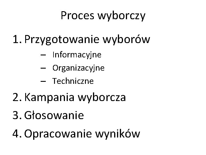 Proces wyborczy 1. Przygotowanie wyborów – Informacyjne – Organizacyjne – Techniczne 2. Kampania wyborcza