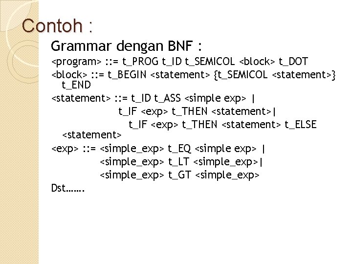 Contoh : Grammar dengan BNF : <program> : : = t_PROG t_ID t_SEMICOL <block>