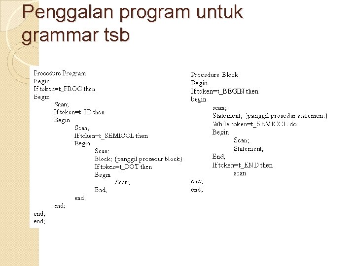 Penggalan program untuk grammar tsb 