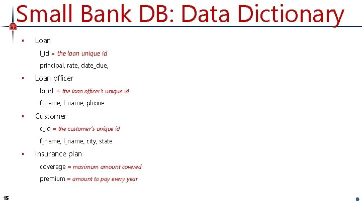 Small Bank DB: Data Dictionary § Loan l_id = the loan unique id principal,