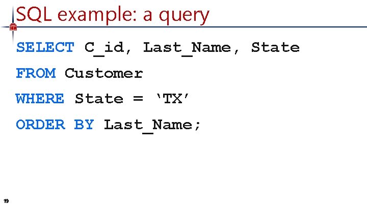 SQL example: a query SELECT C_id, Last_Name, State FROM Customer WHERE State = ‘TX’