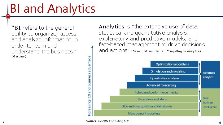 BI and Analytics “BI refers to the general ability to organize, access and analyze