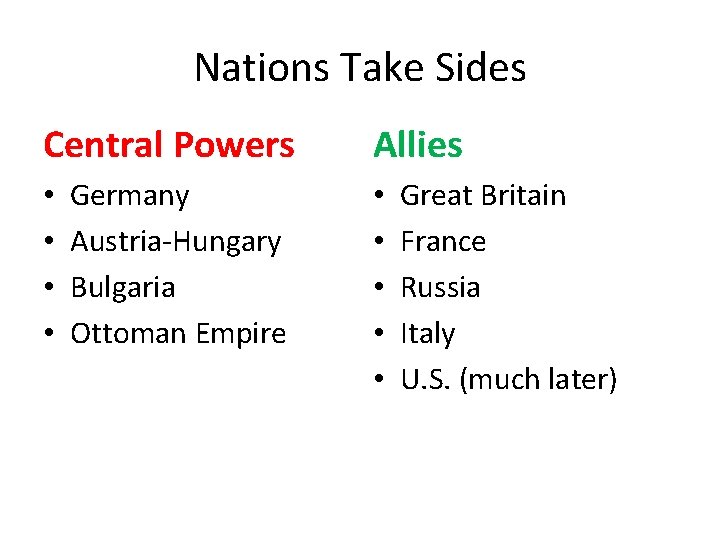 Nations Take Sides Central Powers • • Germany Austria-Hungary Bulgaria Ottoman Empire Allies •
