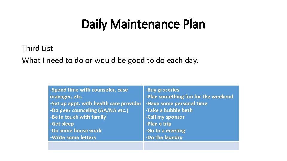 Daily Maintenance Plan Third List What I need to do or would be good