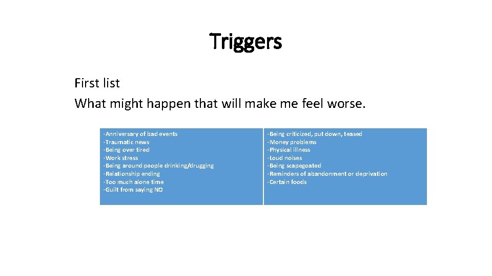 Triggers First list What might happen that will make me feel worse. -Anniversary of