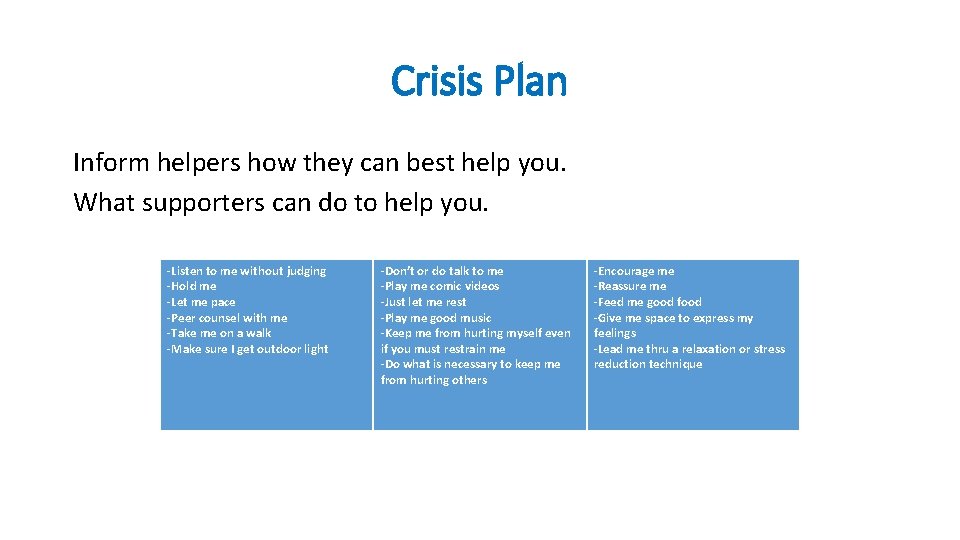 Crisis Plan Inform helpers how they can best help you. What supporters can do Crisis Plan Inform helpers how they can best help you. What supporters can do