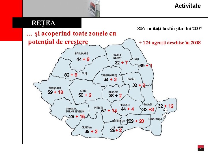 Activitate REŢEA … şi acoperind toate zonele cu potenţial de creştere 44 + 9
