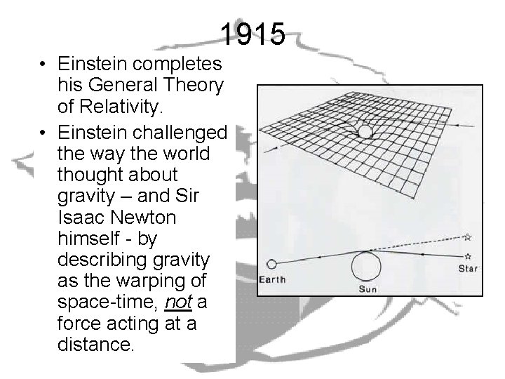 1915 • Einstein completes his General Theory of Relativity. • Einstein challenged the way