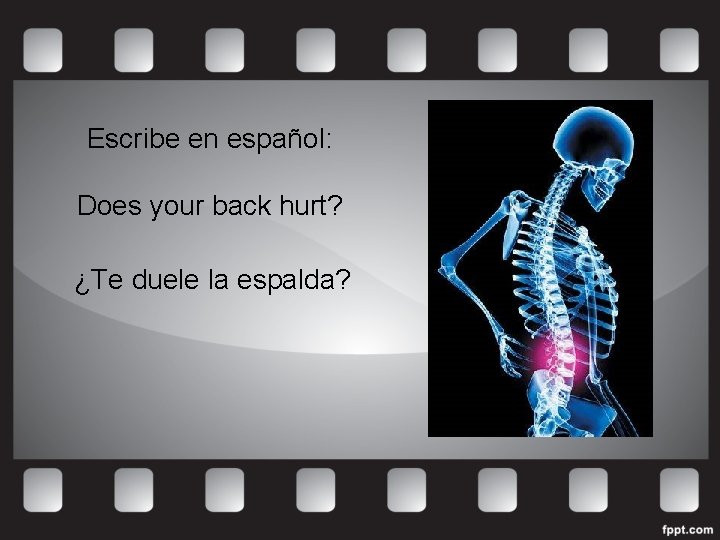 Escribe en español: Does your back hurt? ¿Te duele la espalda? 