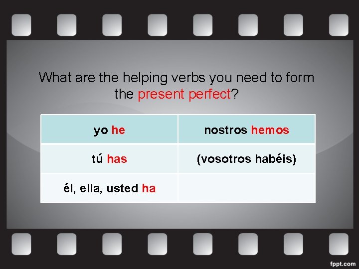 What are the helping verbs you need to form the present perfect? yo he