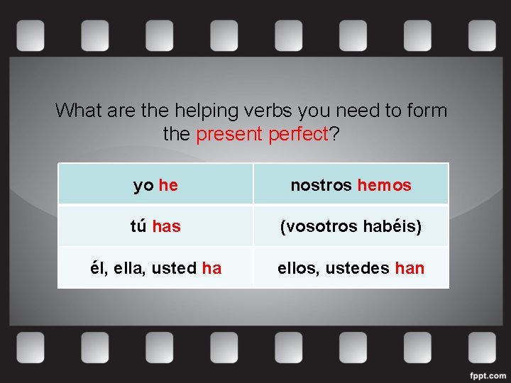 What are the helping verbs you need to form the present perfect? yo he