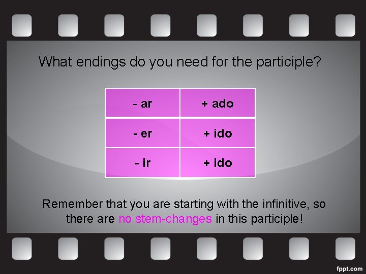 What endings do you need for the participle? - ar + ado - er