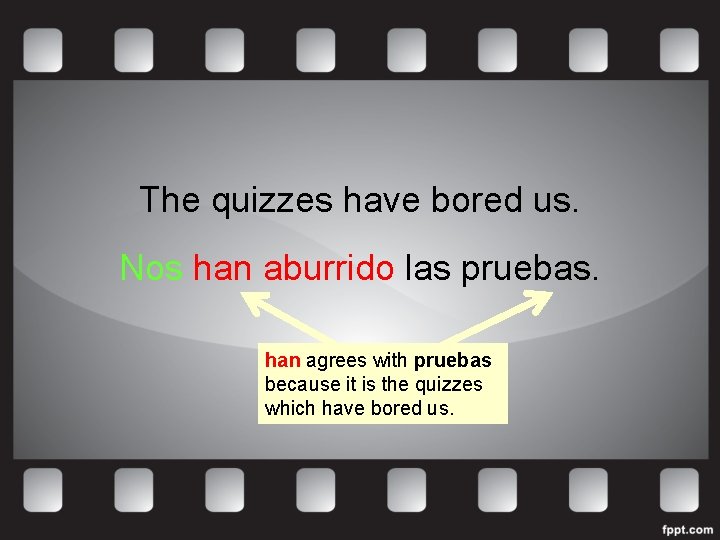 The quizzes have bored us. Nos han aburrido las pruebas. han agrees with pruebas