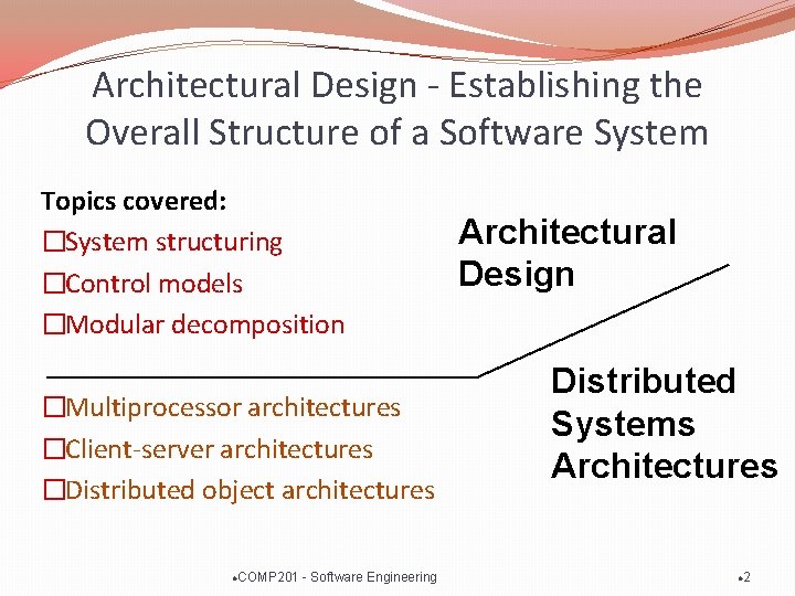 Architectural Design - Establishing the Overall Structure of a Software System Topics covered: �System