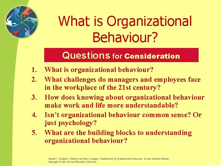 What is Organizational Behaviour? Questions for Consideration 1. What is organizational behaviour? 2. What
