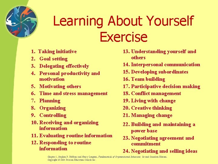 Learning About Yourself Exercise 1. 2. 3. 4. Taking initiative Goal setting Delegating effectively