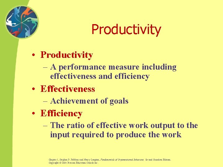Productivity • Productivity – A performance measure including effectiveness and efficiency • Effectiveness –