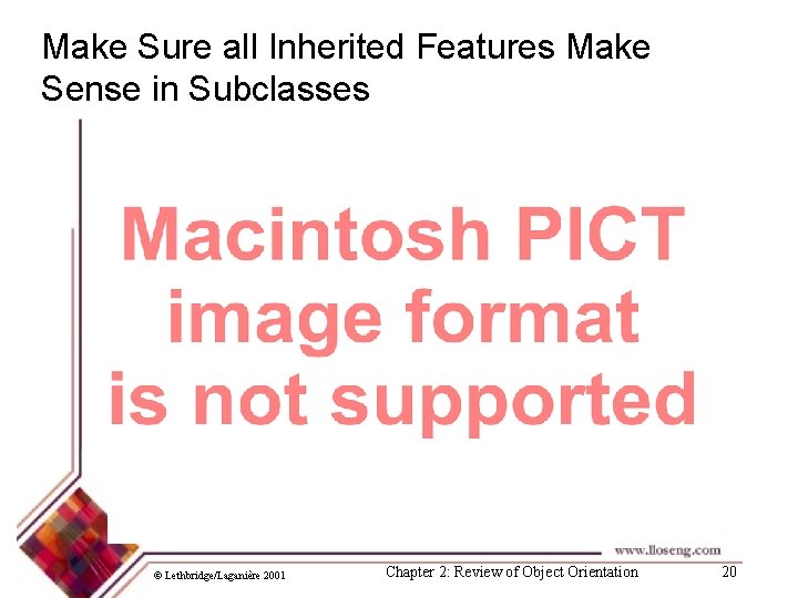 Make Sure all Inherited Features Make Sense in Subclasses © Lethbridge/Laganière 2001 Chapter 2: