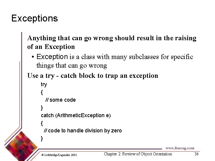 Exceptions Anything that can go wrong should result in the raising of an Exception