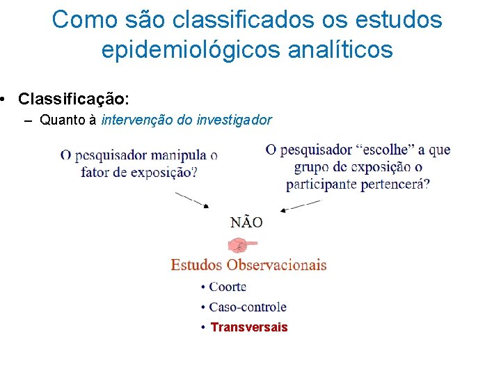 Como são classificados os estudos epidemiológicos analíticos • Classificação: – Quanto à intervenção do