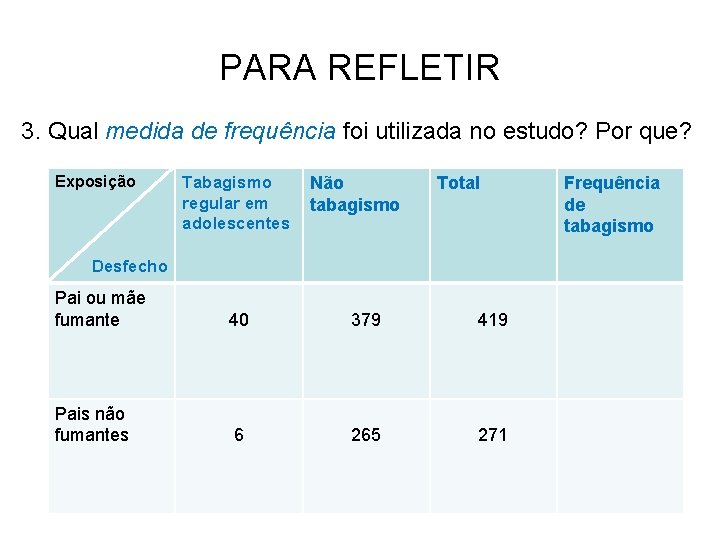 PARA REFLETIR 3. Qual medida de frequência foi utilizada no estudo? Por que? Exposição