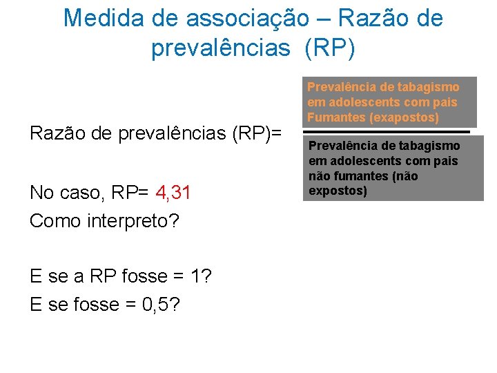 Medida de associação – Razão de prevalências (RP)= No caso, RP= 4, 31 Como