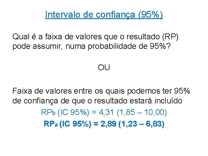 Intervalo de confiança (95%) Qual é a faixa de valores que o resultado (RP)