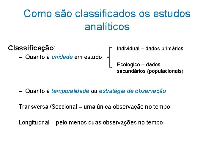 Como são classificados os estudos analíticos Classificação: Individual – dados primários – Quanto à