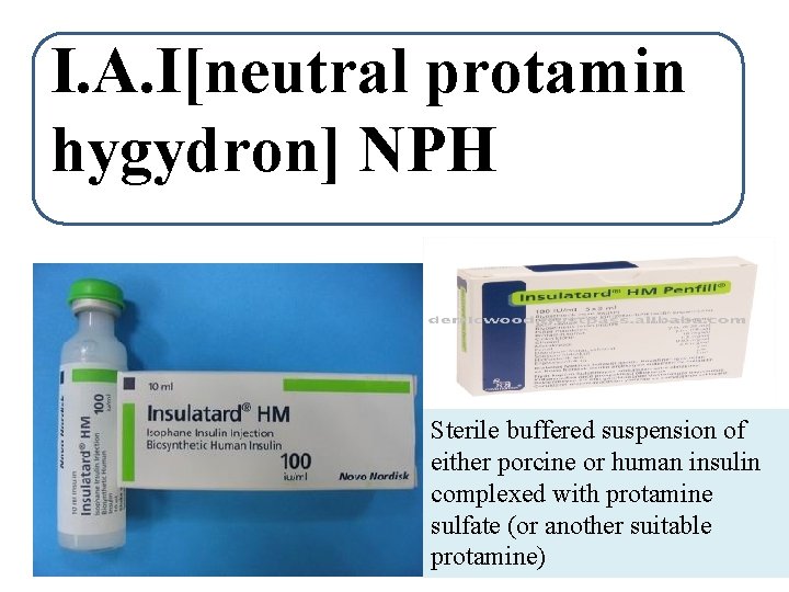 I. A. I[neutral protamin hygydron] NPH Sterile buffered suspension of either porcine or human