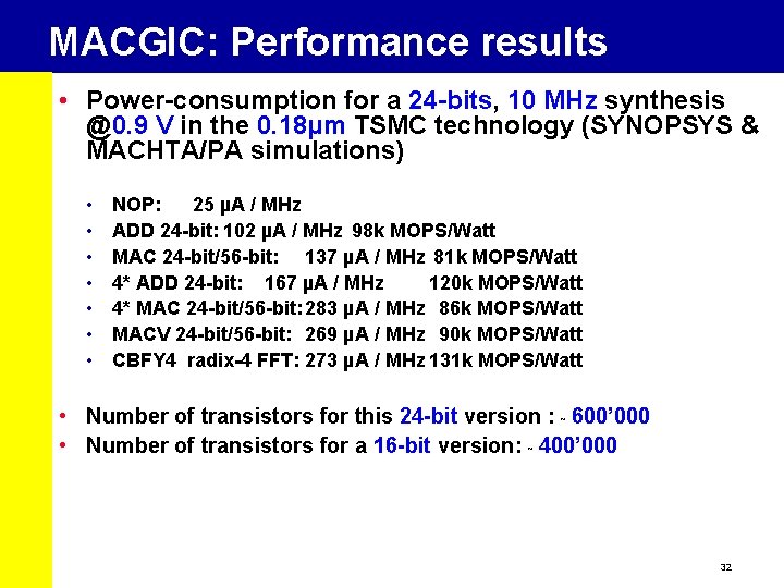 MACGIC: Performance results • Power-consumption for a 24 -bits, 10 MHz synthesis @0. 9