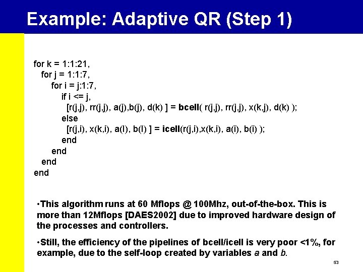 Example: Adaptive QR (Step 1) for k = 1: 1: 21, for j =