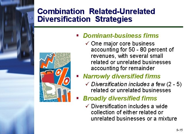 Combination Related-Unrelated Diversification Strategies § Dominant-business firms ü One major core business accounting for