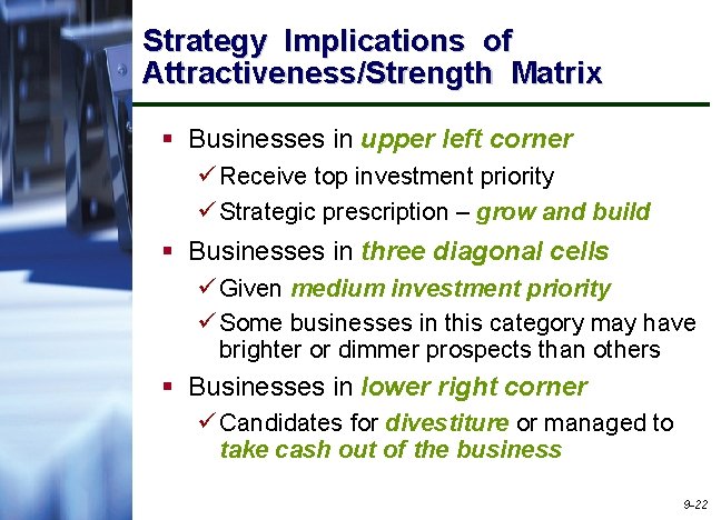 Strategy Implications of Attractiveness/Strength Matrix § Businesses in upper left corner ü Receive top